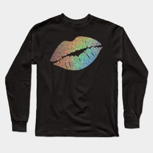 Holographic Rainbow Ombre Faux Glitter Lips Long Sleeve T-Shirt